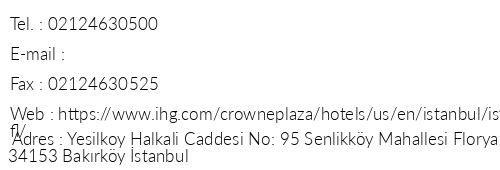 Crowne Plaza stanbul Florya Otel telefon numaralar, faks, e-mail, posta adresi ve iletiim bilgileri